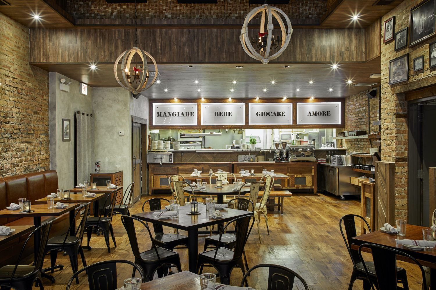 tables and chair inside a bright restaurant 