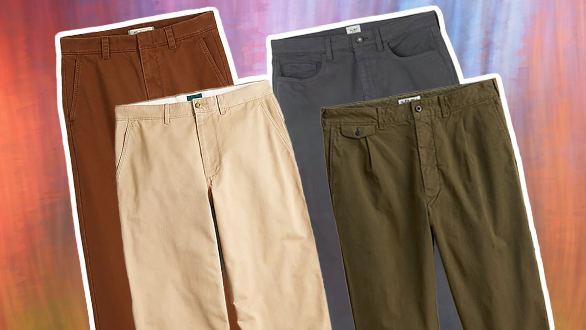 a collage of mens chinos on a green background