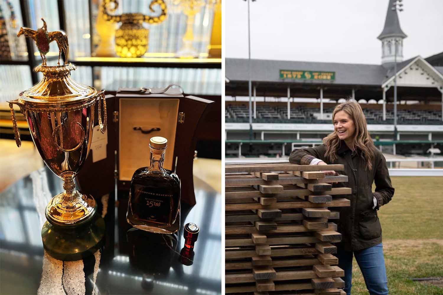 A close-up of the new Woodford Reserve Kentucky Derby 150 Baccarat Edition; Master Distiller Elizabeth McCall at Churchill Downs.