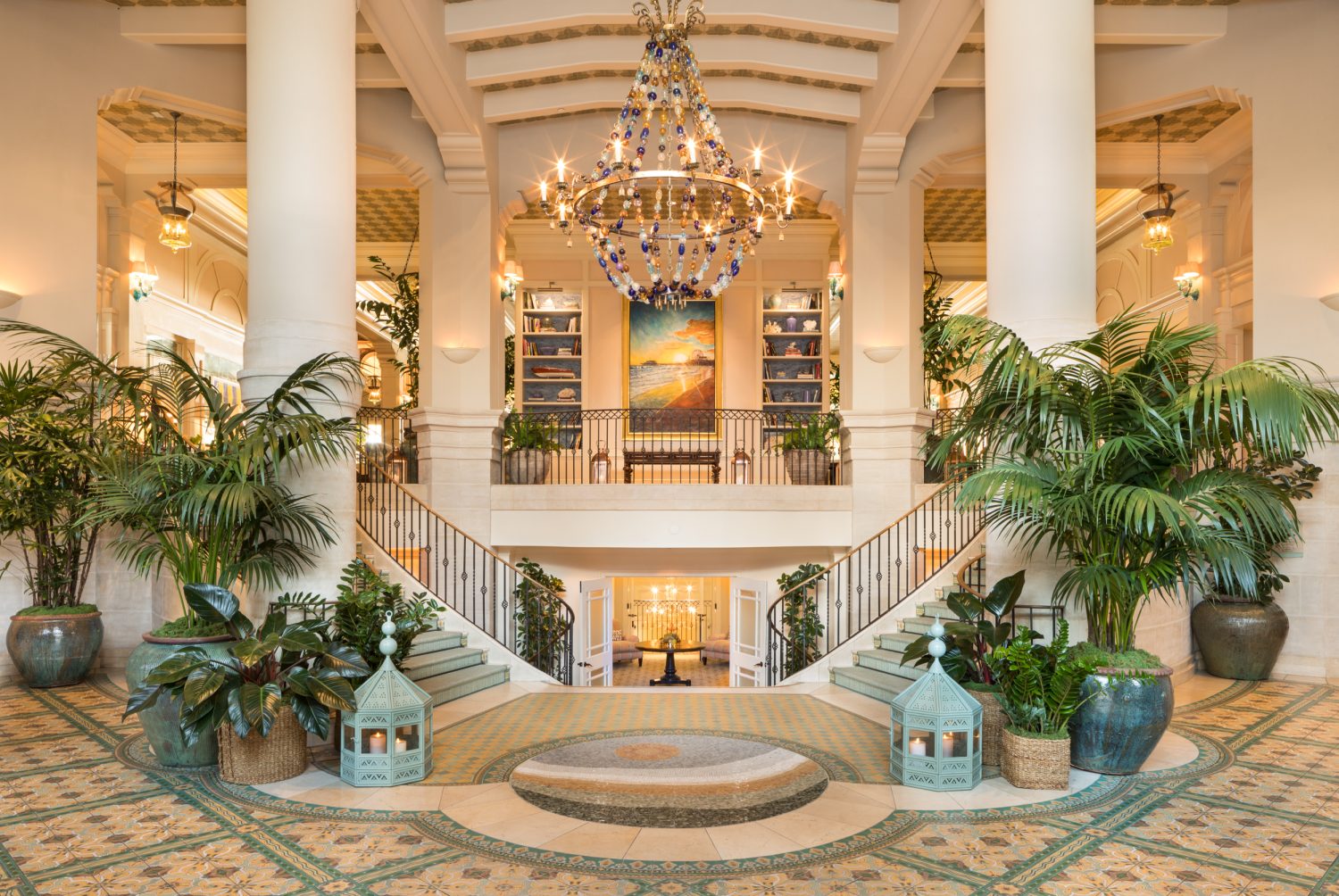 chandelier, fountains, stairs, trees