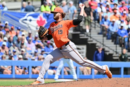 Cole Irvin #19 of the Baltimore Orioles delivers a pitch to the Toronto Blue Jays in the first inning during a 2024 Grapefruit League Spring Training game at TD Ballpark on March 19, 2024 in Dunedin, Florida