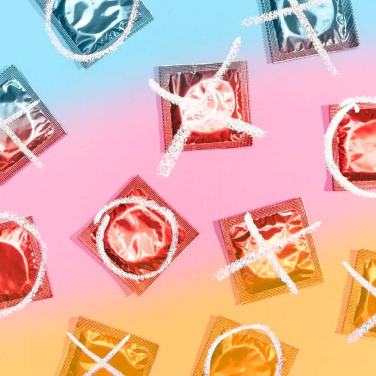 photo of condoms with a gradient and xo pattern overlay