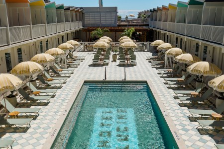 Aerial view of a pool and courtyard