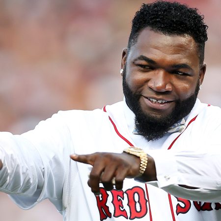 Ex-Boston Red Sox player David Ortiz at his jersey retirement ceremony before a game