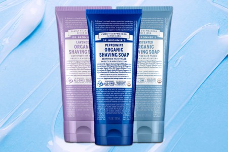 a collage of Dr. Bronner's Shaving Cream on a blue background