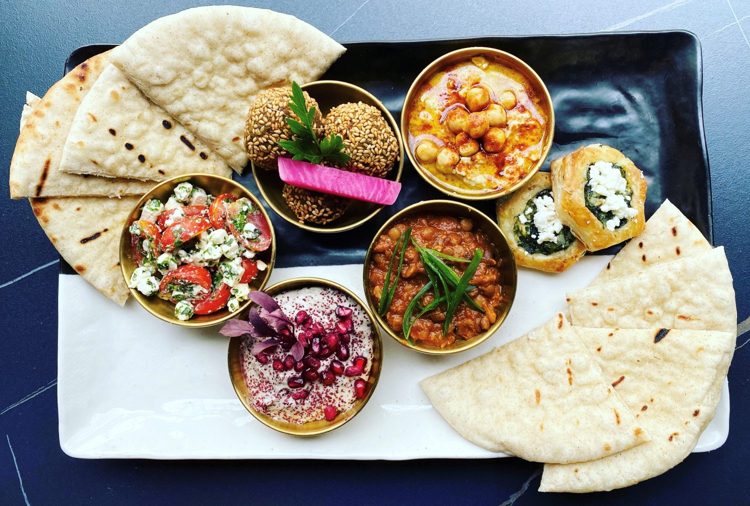 Mediterranean food set on dining table 