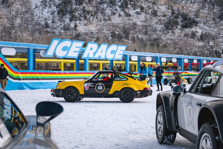 Cars lined up to drive at the F.A.T. Ice Race in Aspen, Colorado in February 2024