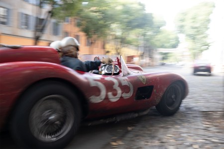 A Ferrari race car driving in the Michael Mann movie "Ferrari." We spoke with stunt coordinator Robert Nagle about the Enzo Ferrari biopic.