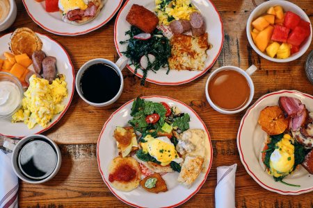 Bird's eye-view of brunch plates on a table