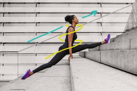 Woman dressed in all black with purple shoes doing splits on steps