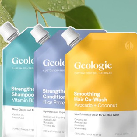 A trio of Geologie products on a green background