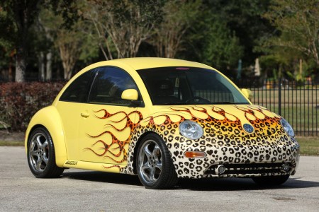 1998 Volkswagen New Beetle with leopard print flames selling as part of the George Foreman Collection, and which was reportedly once owned by Dennis Rodman