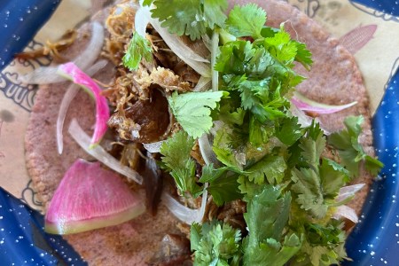 Close-up of Nixta Taqueria’s duck carnitas taco, one of the best breakfast tacos in Austin, Texas