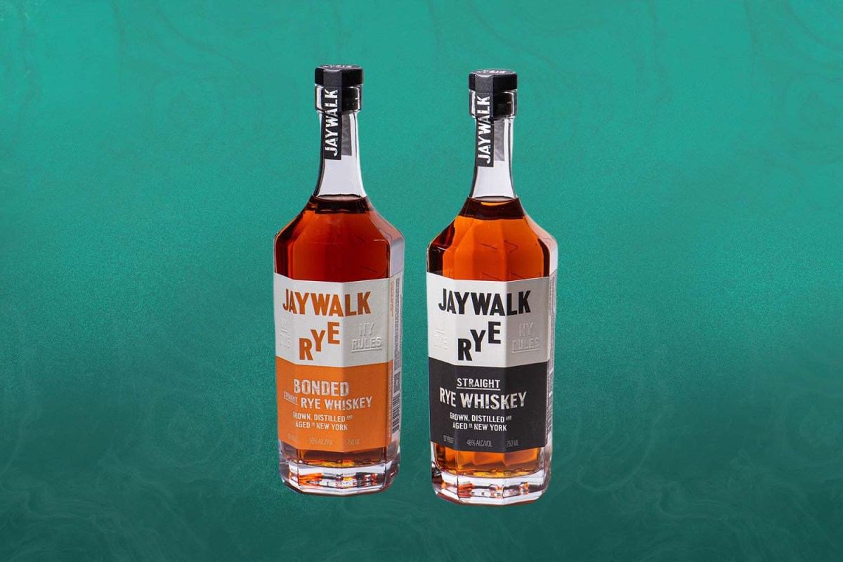 Two bottles of Jaywalk Rye, a new whiskey brand from New York Distilling Company