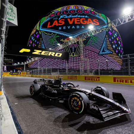 Alfa Romeo driver Valtteri Bottas (77) of Finland drives by the Sphere during the F1 Las Vegas Grand Prix on Saturday, November 18, 2023