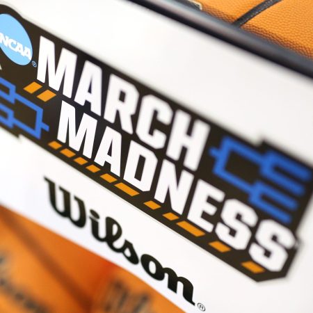 A view of the NCAA March Madness logo. We spoke with Borgata sportsbook director Thomas Gable for some tips on filling out the 2024 bracket.