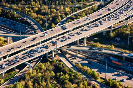 Traffic driving across freeways in Texas