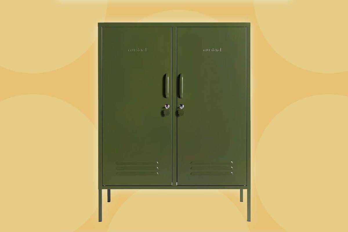 Mustard Made Midi Locker in Olive Green on a yellow background with circles.