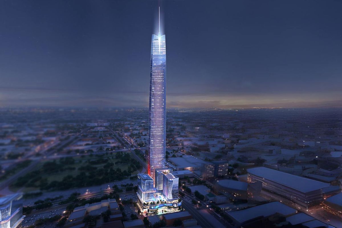 The planned Boardwalk at Bricktown development in Oklahoma City, anchored by the Legends Tower, which could become the tallest building in the U.S.