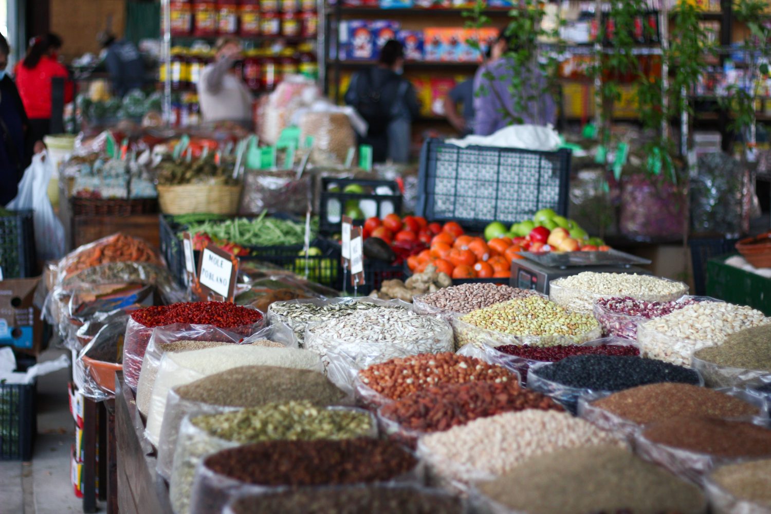 beans, corn, and grains in bags 