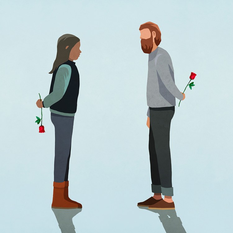 An illustration of a man and a woman holding roses behind their backs. Today, we chat with Esther Perel about advice for rekindling romance in relationships.