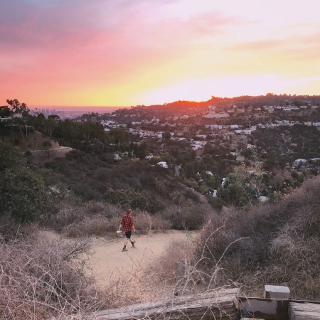 View of city and trails during sunset from Runyon Canyon Park