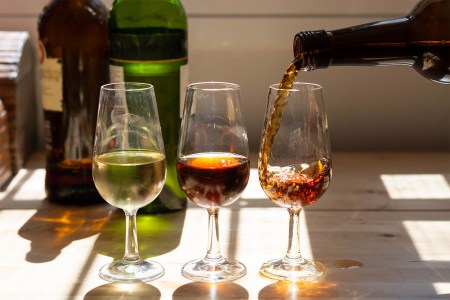 Sherry wine tasting in wine cellars, selection of different jerez fortified wines from dry to very sweet in glasses, Jerez de la Frontera, Andalusia, Spain