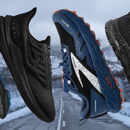 A collage of wet weather running shoes on a snowy road background