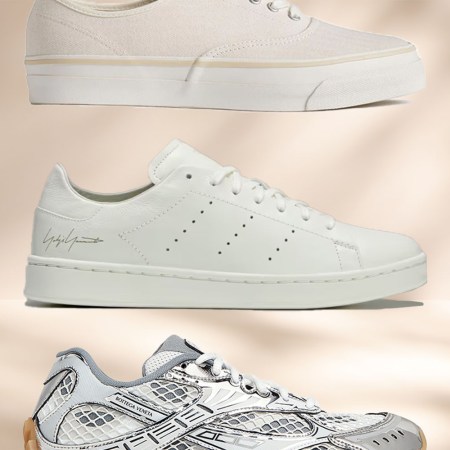 a collage of the best white sneakers for men on a tan background