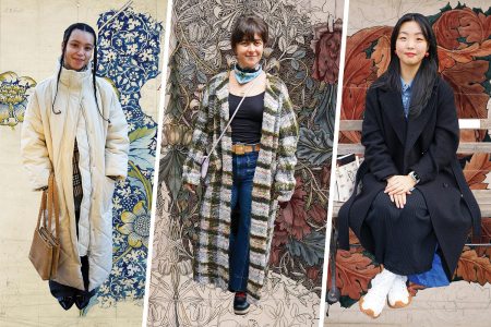 Three women on floral backgrounds.