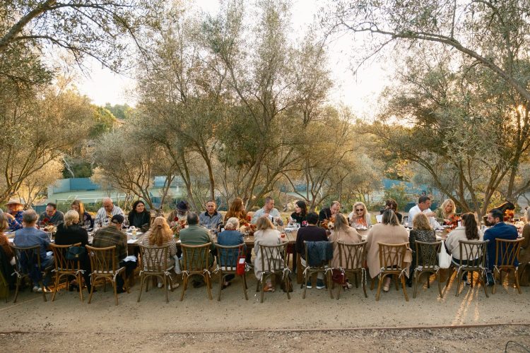 people sitting down at table eating, trees and tennis court in background