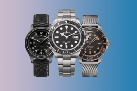 Left to right: Hamilton Khaki Field Titanium Auto, Rolex Yacht-Master 42 RLX Titanium, Omega Seamaster Diver 300M