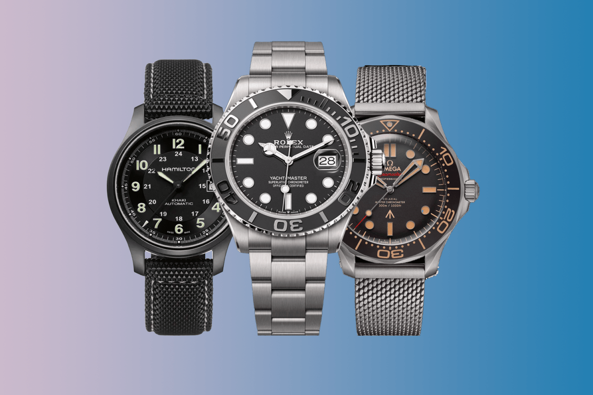 Left to right: Hamilton Khaki Field Titanium Auto, Rolex Yacht-Master 42 RLX Titanium, Omega Seamaster Diver 300M